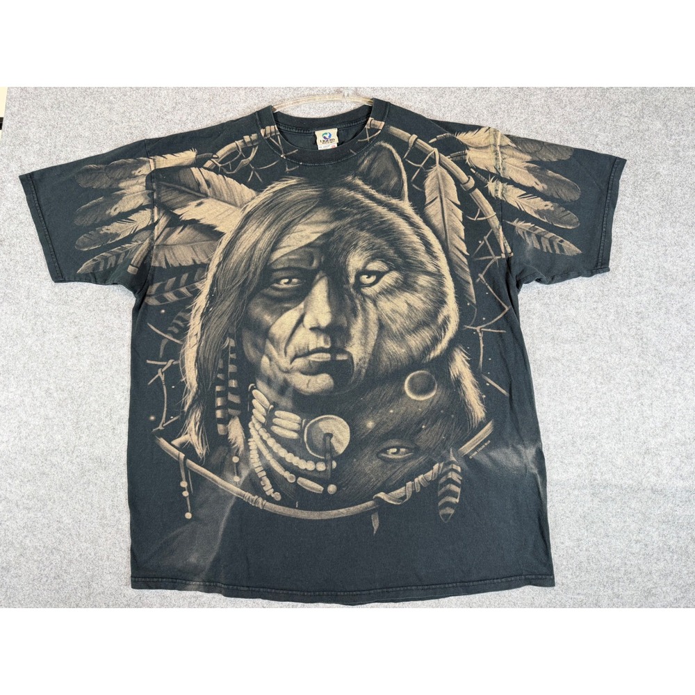 Liquid Blue Graphic T-Shirt Mens 2X Black Vintage 1996 Wolf Eagle Dreamcatcher